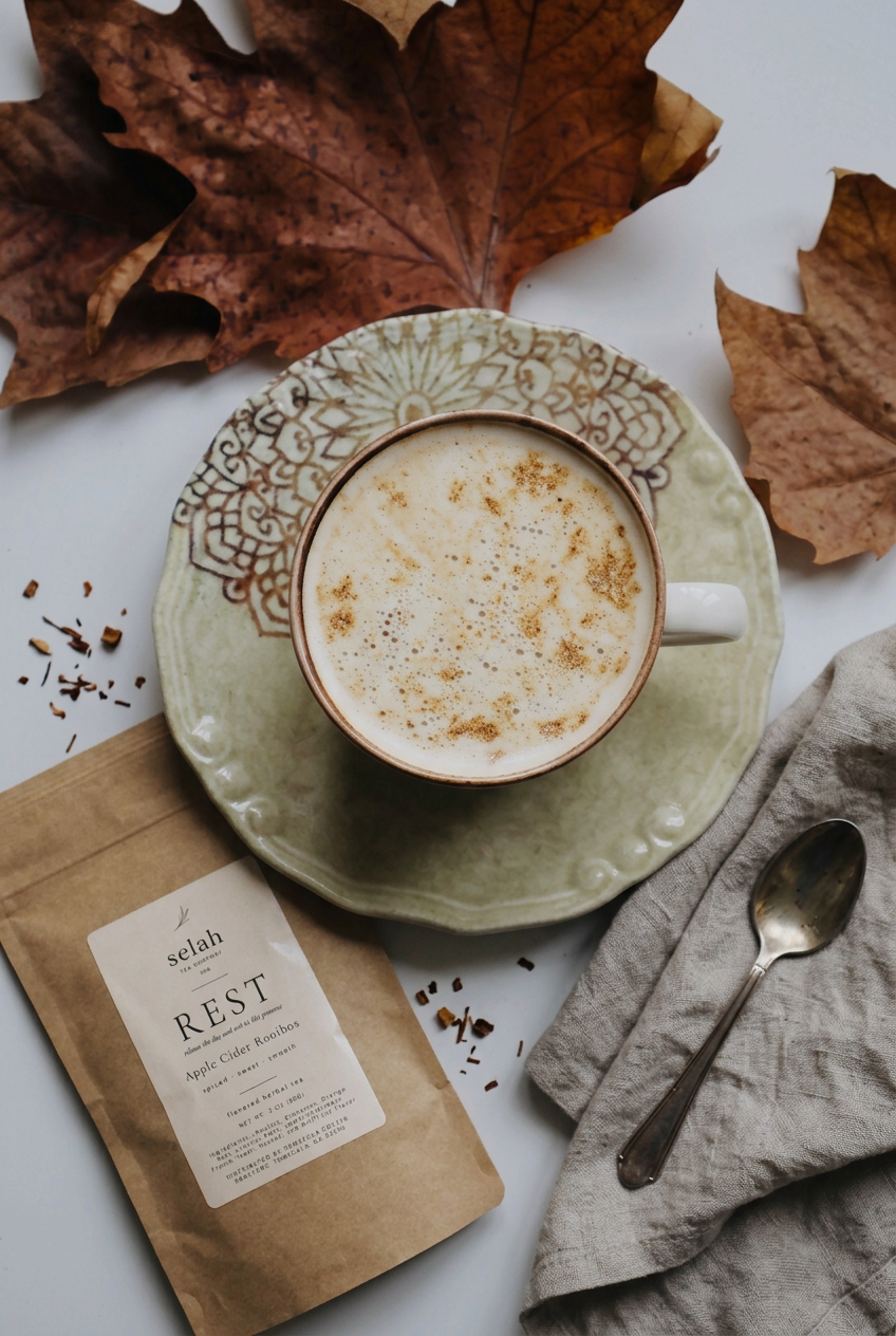 REST packaging beside the maple-cinnamon rooibos steamer using your supplied autumn photograph