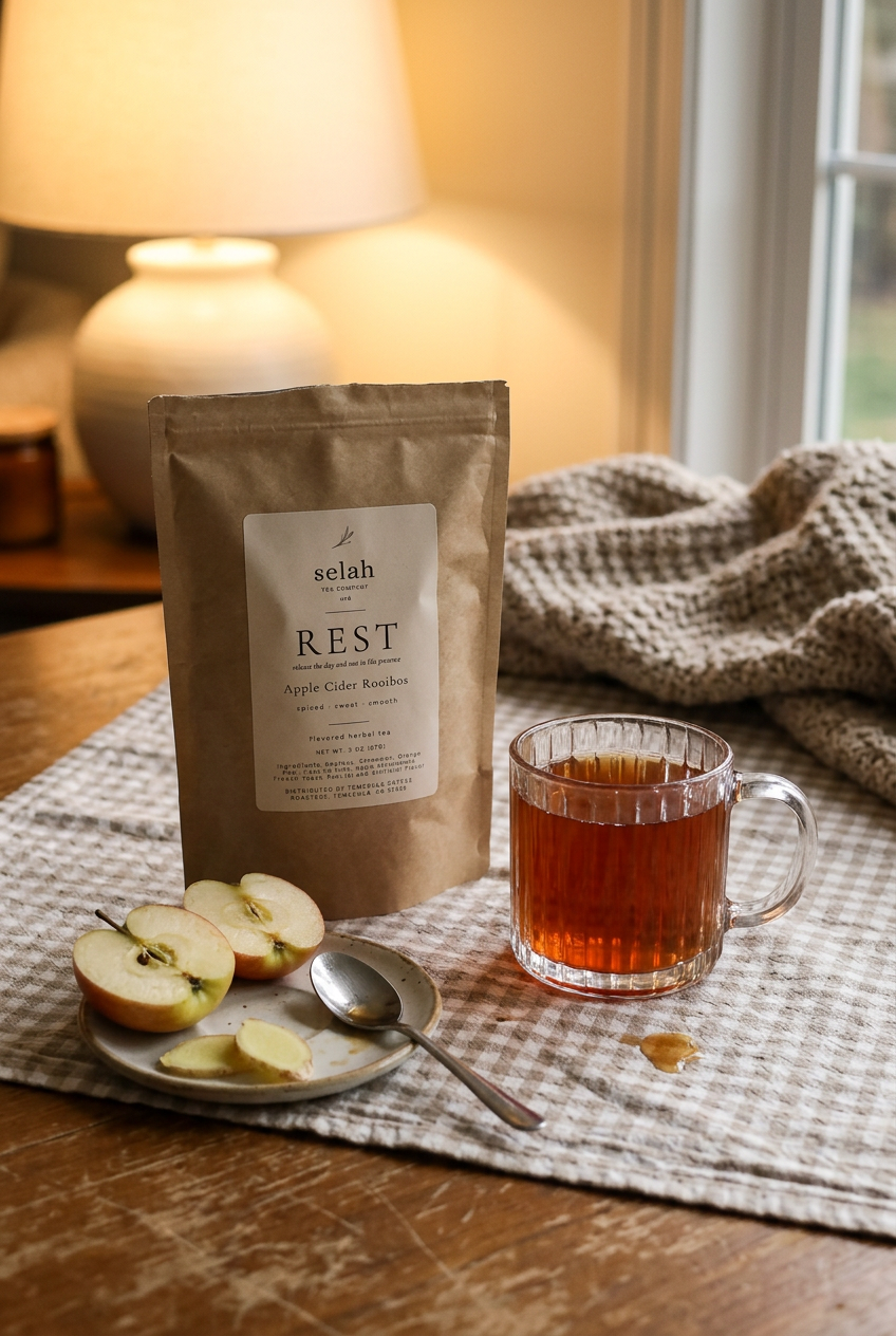 REST pouch beside warm apple-ginger rooibos in a cozy autumn evening setting