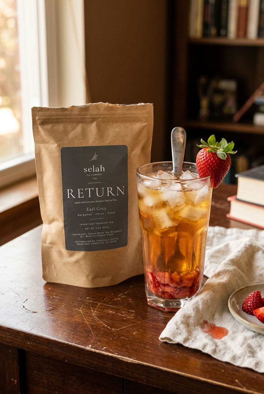 RETURN pouch beside strawberry Earl Grey iced tea in a lived-in afternoon setting