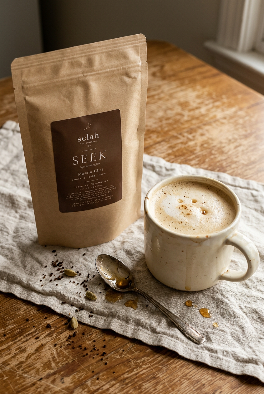 SEEK pouch beside a maple-vanilla chai latte in a candid autumn setting
